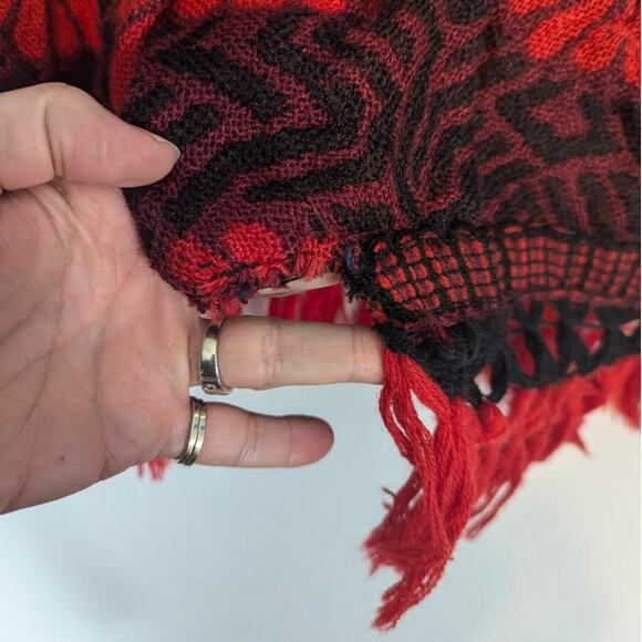Vintage 60's 70's Sweater Poncho Button Front Red Black Geometric Flowers Flaw - Picture 7 of 8